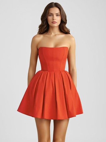 レッド パーティードレス レッドデザインネックライン ノースリーブ セミフォーマルドレス