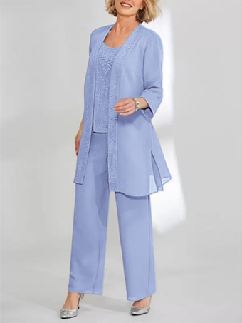 ベビーブルー花嫁の母親のためのパーティードレス ジュエルネック ノースリーブ ツーピース レース 足首丈 結婚式ゲストドレス