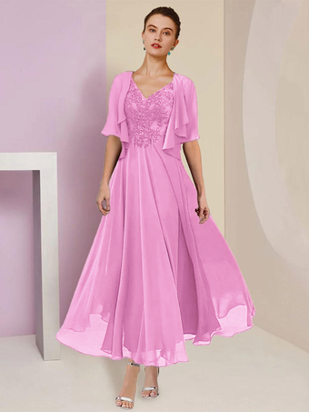 ホットピンクマザードレス Vネック 半袖 Aライン レース ティーレングス ウェディングゲストドレス 無料カスタマイズ