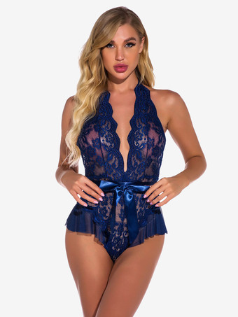 ブルー テディ 裏地なし レース ホルター プランジ クロッチレス テディ