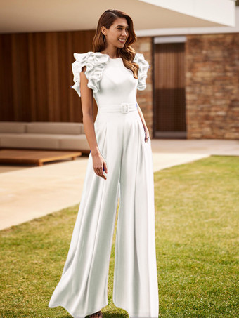 ホワイト花嫁の母親のためのパーティードレス ジュエルネック ノースリーブ ジャンプスーツ フリル ウェディングゲストドレス