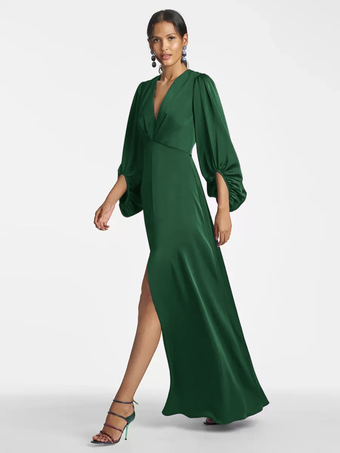 ダークグリーンマザードレス Vネック 7分袖 Aライン フロア丈 ゲストドレス 結婚式用