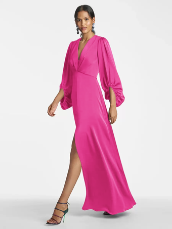 ローズレッドマザードレス Vネック 7分袖 Aライン フロア丈 ゲストドレス 結婚式用