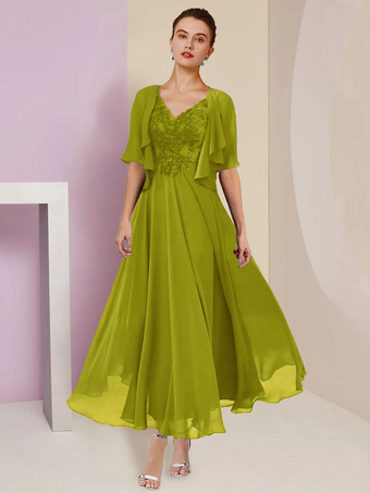 オリーブグリーンマザードレス Vネック 半袖 Aライン レース ティーレングス ウェディングゲストドレス 無料カスタマイズ