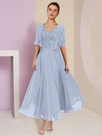 ベビーブルーマザードレス Vネック 半袖 Aライン レース ティーレングス ウェディングゲストドレス 無料カスタマイズ