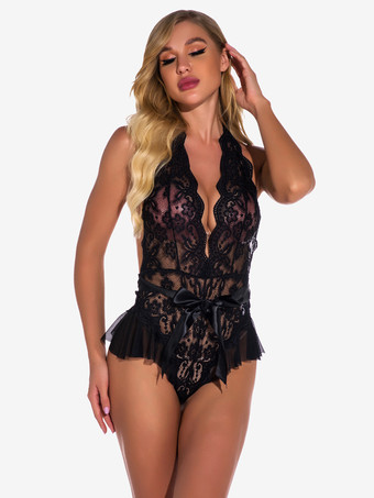 テディ 裏地なし レース ホルター プランジ クロッチレス テディ