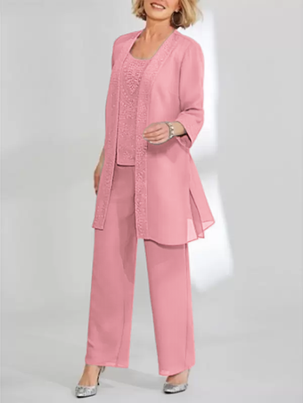 ソフトピンク花嫁の母親のためのパーティードレス ジュエルネック ノースリーブ ツーピース レース 足首丈 結婚式ゲストドレス