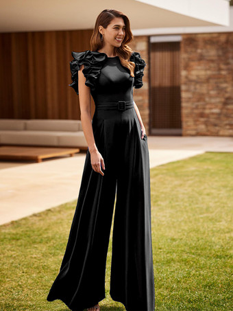 ブラック花嫁の母親のためのパーティードレス ジュエルネック ノースリーブ ジャンプスーツ フリル ウェディングゲストドレス