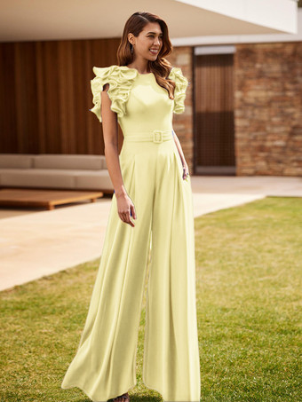 スイセン色花嫁の母親のためのパーティードレス ジュエルネック ノースリーブ ジャンプスーツ フリル ウェディングゲストドレス