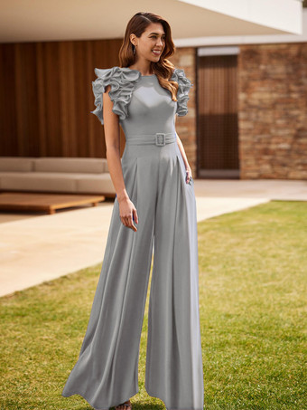 グレイ花嫁の母親のためのパーティードレス ジュエルネック ノースリーブ ジャンプスーツ フリル ウェディングゲストドレス