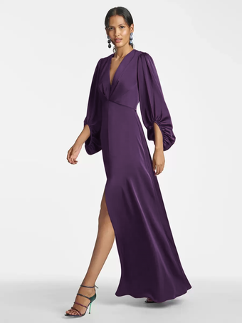 プラムマザードレス Vネック 7分袖 Aライン フロア丈 ゲストドレス 結婚式用