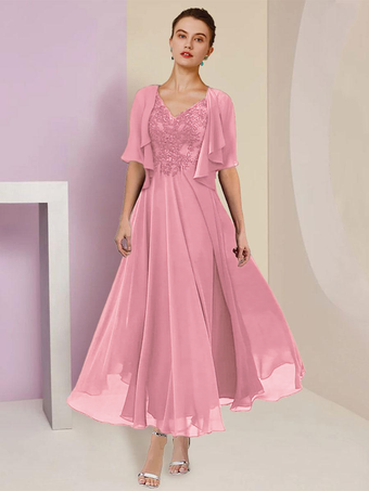 ソフトピンクマザードレス Vネック 半袖 Aライン レース ティーレングス ウェディングゲストドレス 無料カスタマイズ