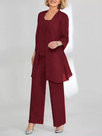 バーガンディー花嫁の母親のためのパーティードレス ジュエルネック ノースリーブ ツーピース レース 足首丈 結婚式ゲストドレス