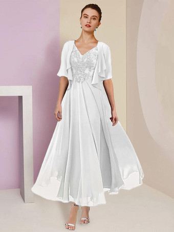 ホワイトマザードレス Vネック 半袖 Aライン レース ティーレングス ウェディングゲストドレス 無料カスタマイズ