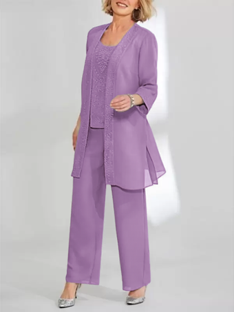 バイオレット花嫁の母親のためのパーティードレス ジュエルネック ノースリーブ ツーピース レース 足首丈 結婚式ゲストドレス