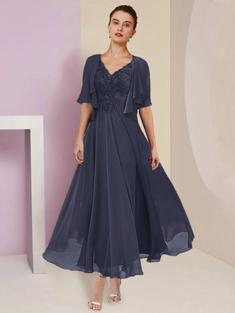 ダークネイビーマザードレス Vネック 半袖 Aライン レース ティーレングス ウェディングゲストドレス 無料カスタマイズ