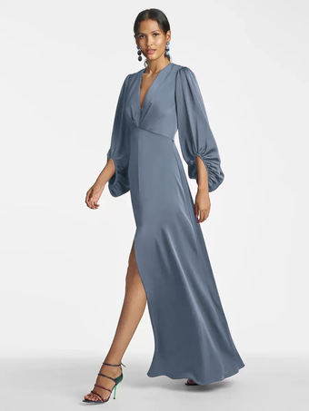 マザードレス Vネック 7分袖 Aライン フロア丈 ゲストドレス 結婚式用