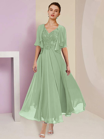 セージグリーンマザードレス Vネック 半袖 Aライン レース ティーレングス ウェディングゲストドレス 無料カスタマイズ