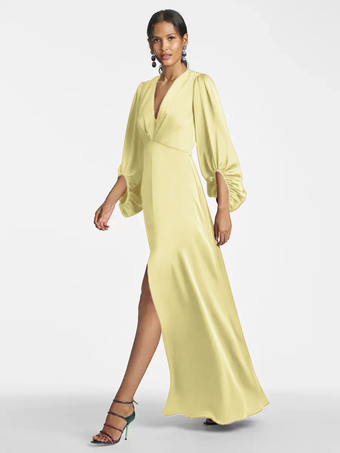 スイセン色マザードレス Vネック 7分袖 Aライン フロア丈 ゲストドレス 結婚式用