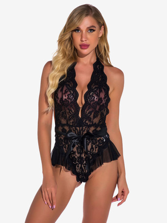 ブラック テディ 裏地なし レース ホルター プランジ クロッチレス テディ