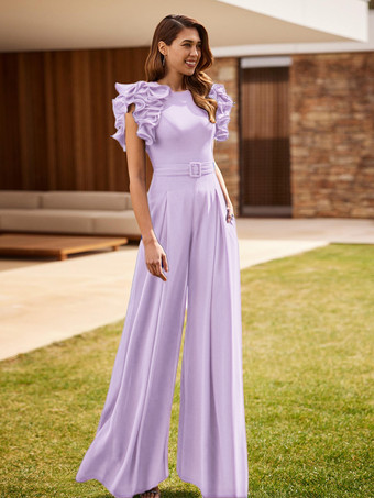 ライラック花嫁の母親のためのパーティードレス ジュエルネック ノースリーブ ジャンプスーツ フリル ウェディングゲストドレス