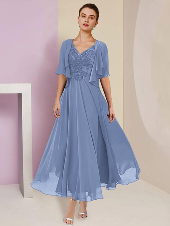 スカイブルー マザードレス Vネック 半袖 Aライン レース ティーレングス ウェディングゲストドレス 無料カスタマイズ