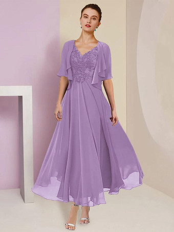 ラベンダーマザードレス Vネック 半袖 Aライン レース ティーレングス ウェディングゲストドレス 無料カスタマイズ