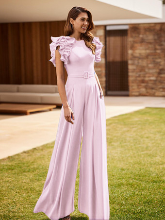 ソフトピンク花嫁の母親のためのパーティードレス ジュエルネック ノースリーブ ジャンプスーツ フリル ウェディングゲストドレス