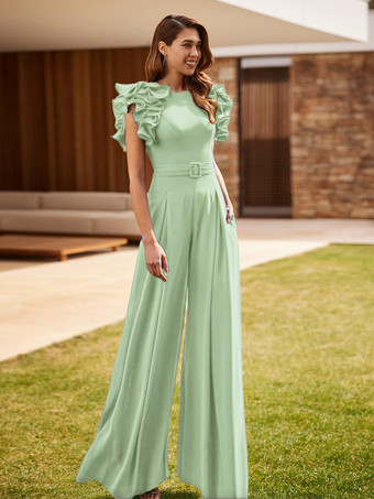 パステルグリーン花嫁の母親のためのパーティードレス ジュエルネック ノースリーブ ジャンプスーツ フリル ウェディングゲストドレス