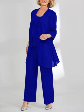 ダズリンブルー花嫁の母親のためのパーティードレス ジュエルネック ノースリーブ ツーピース レース 足首丈 結婚式ゲストドレス