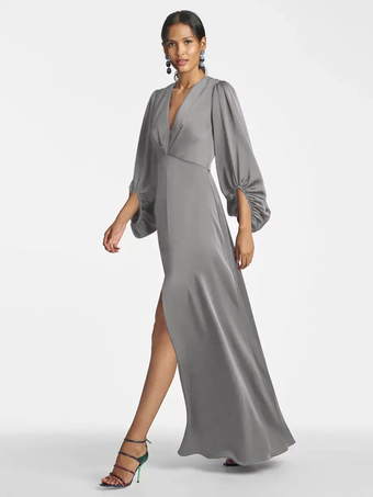 グレイマザードレス Vネック 7分袖 Aライン フロア丈 ゲストドレス 結婚式用