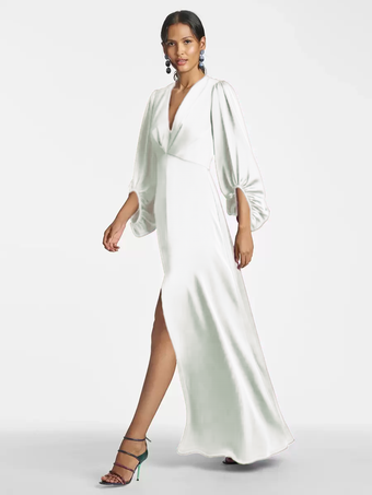 ホワイトマザードレス Vネック 7分袖 Aライン フロア丈 ゲストドレス 結婚式用