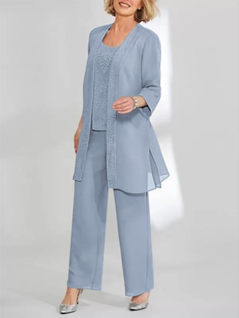 スレートグレー 花嫁の母親のためのパーティードレス ジュエルネック ノースリーブ ツーピース レース 足首丈 結婚式ゲストドレス