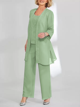 パステルグリーン花嫁の母親のためのパーティードレス ジュエルネック ノースリーブ ツーピース レース 足首丈 結婚式ゲストドレス