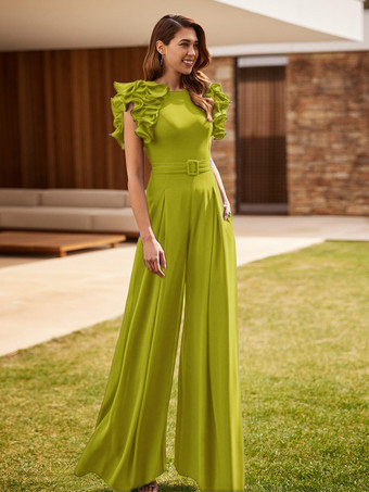 オリーブグリーン花嫁の母親のためのパーティードレス ジュエルネック ノースリーブ ジャンプスーツ フリル ウェディングゲストドレス