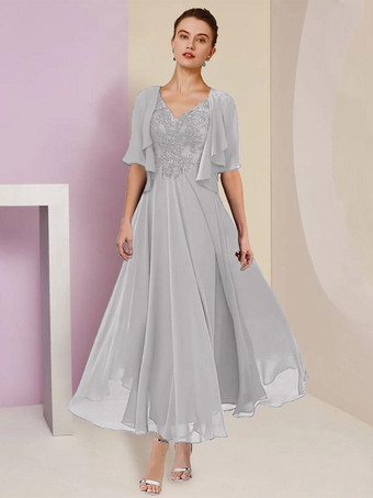 ライトグレーマザードレス Vネック 半袖 Aライン レース ティーレングス ウェディングゲストドレス 無料カスタマイズ