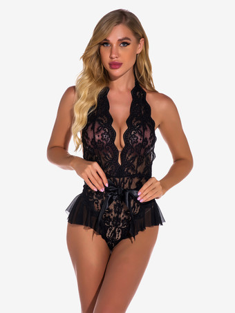 テディ 裏地なし レース ホルター プランジ クロッチレス テディ