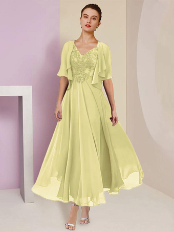 スイセン色マザードレス Vネック 半袖 Aライン レース ティーレングス ウェディングゲストドレス 無料カスタマイズ