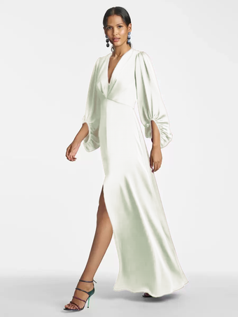 アイボリーマザードレス Vネック 7分袖 Aライン フロア丈 ゲストドレス 結婚式用