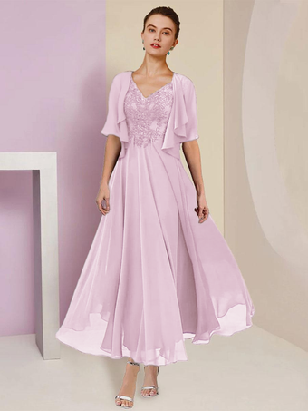 ライラックマザードレス Vネック 半袖 Aライン レース ティーレングス ウェディングゲストドレス 無料カスタマイズ