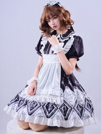 Lolitashow Exclusive Sweet Lolita Dress Alice Wonderland Chiffon Short Sleeves Floral Print Chiffon Dress