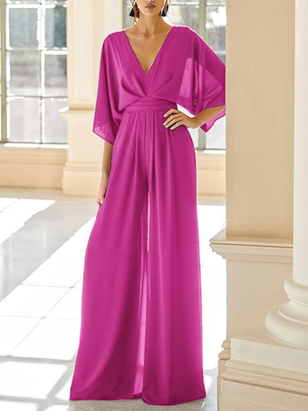 ローズレッドブライダルマザードレス Vネック ハーフスリーブ ジャンプスーツ ウェディングゲストドレス