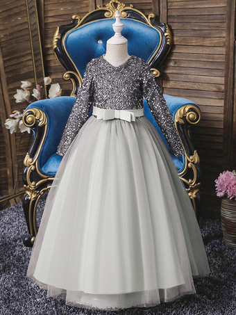 ライトグレー フラワーガールドレスVネックチュール長袖足首丈Aラインボウブルゴーニュキッズソーシャルパーティードレス