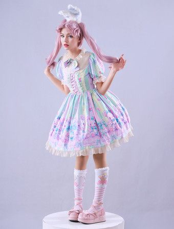 Lolitashow Exclusive Sweet Lolita Dress Chiffon Short Sleeves Spring Daily Casual Tea Party Bows Dress