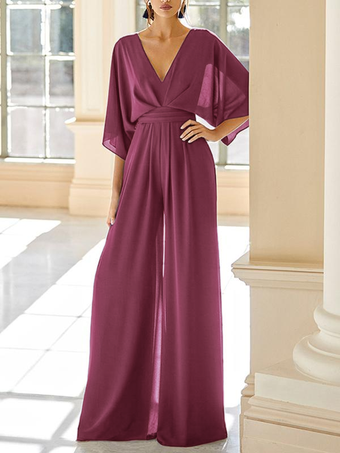 バーガンディーブライダルマザードレス Vネック ハーフスリーブ ジャンプスーツ ウェディングゲストドレス