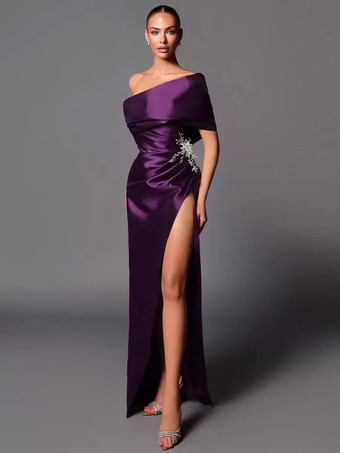 イブニングドレス Aライン オフショルダー トレーン付き ノースリーブ レースアップ プリーツ サテン生地 社交ページェントドレス