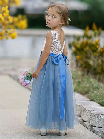 ブルー フラワー ガール ドレス ジュエル ネック ノースリーブ サッシュ キッズ パーティー ドレス