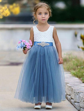 Robe de fille de fleur robe cortège enfant bleu col rond avec ceinture
