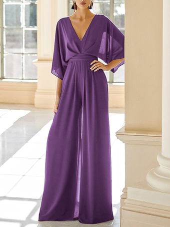 パープル ブライダルマザードレス Vネック ハーフスリーブ ジャンプスーツ ウェディングゲストドレス