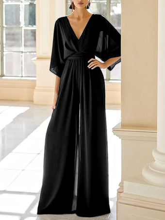 ブラックブライダルマザードレス Vネック ハーフスリーブ ジャンプスーツ ウェディングゲストドレス